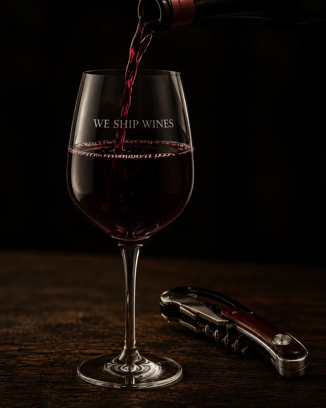 Wine glass engraved with the We Ship Wines logo, wine being poured, premium wine shipping service Argentina